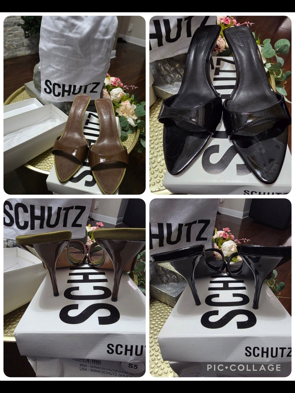 Schutz Women’s Pointed Toe Mule Heels in Black and Brown
